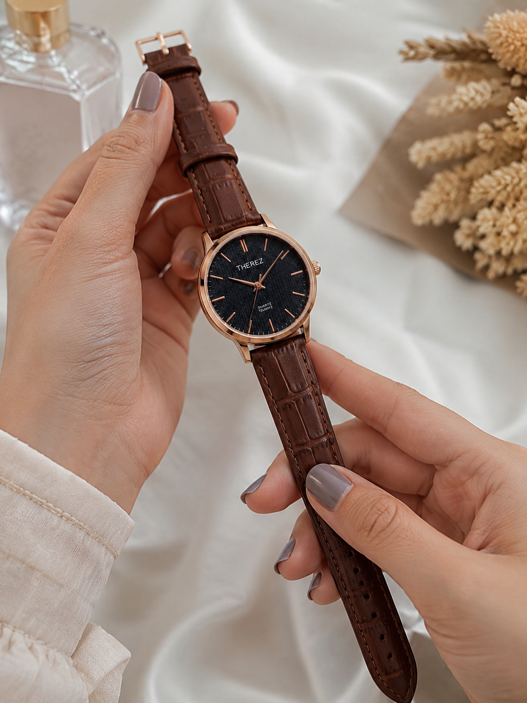 THEREZ Women's Luxury Quartz Watch with Leather Strap – Rose Gold & Black Dial