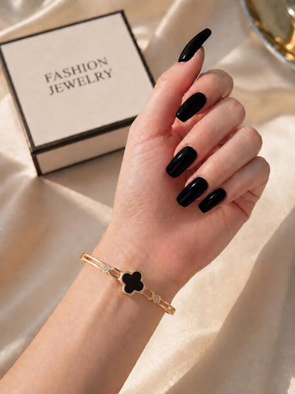 Luxury Gold-Tone Stainless Steel Black Clover Bracelet for Women | Premium Elegant Bangle