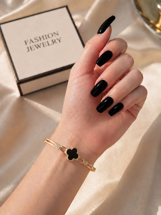 Luxury Gold-Tone Stainless Steel Black Clover Bracelet for Women | Premium Elegant Bangle