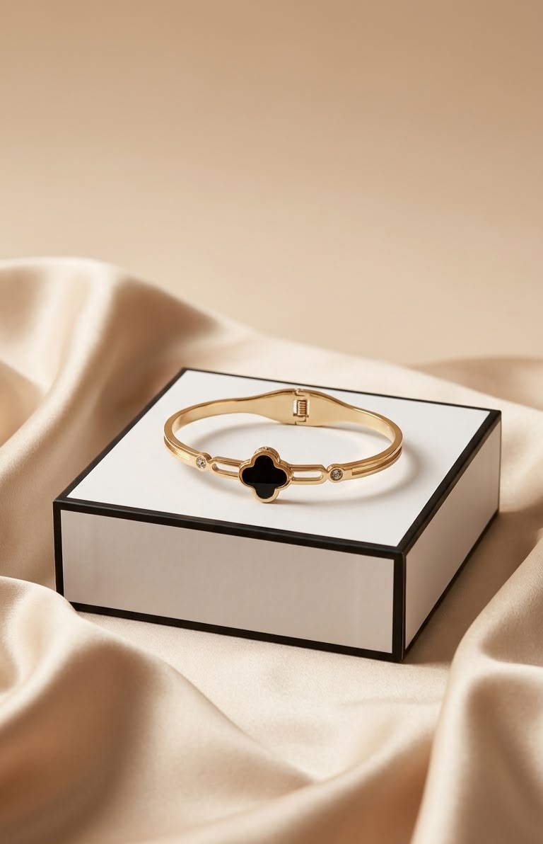 Luxury Gold-Tone Stainless Steel Black Clover Bracelet for Women | Premium Elegant Bangle