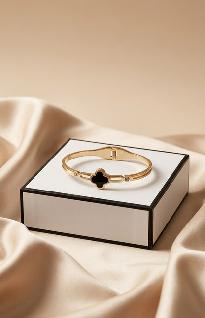 Luxury Gold-Tone Stainless Steel Black Clover Bracelet for Women | Premium Elegant Bangle