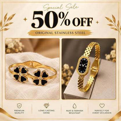 Luxury Gold Watch & Black Clover Bracelet Combo