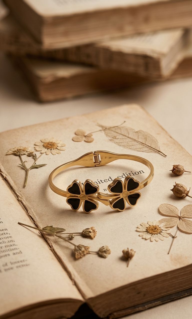 Luxury Black Clover Flower Bracelet – Gold Plated Elegant Women’s Cuff Bracelet