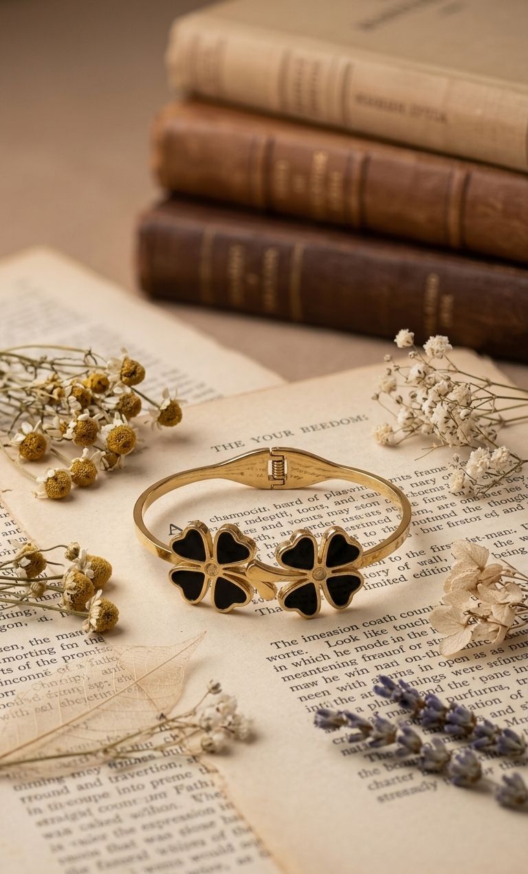 Luxury Black Clover Flower Bracelet – Gold Plated Elegant Women’s Cuff Bracelet