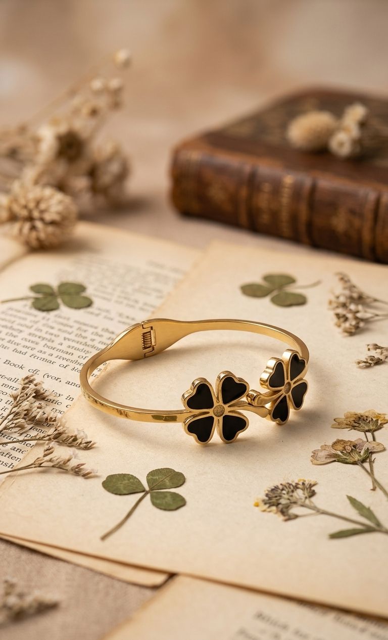 Luxury Black Clover Flower Bracelet – Gold Plated Elegant Women’s Cuff Bracelet