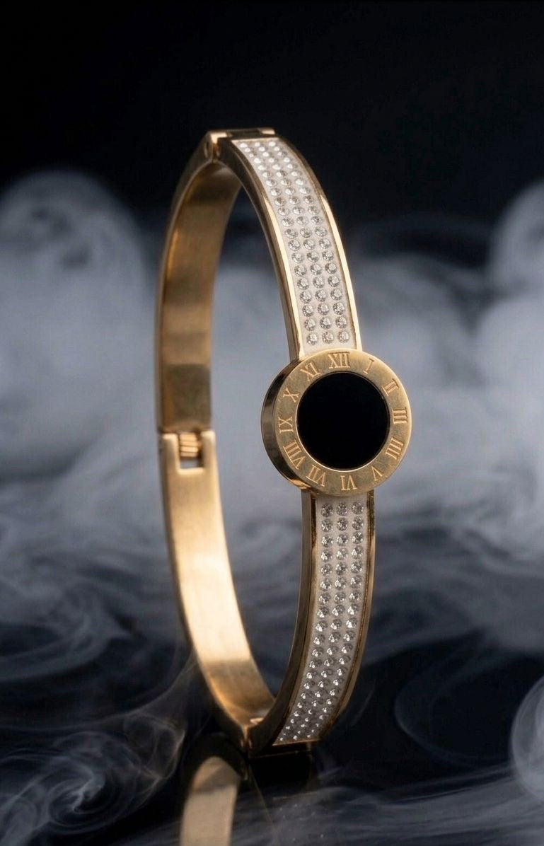 Luxury Gold Crystal Bangle Bracelet with Black Stone – Elegant Women's Fashion Jewelry