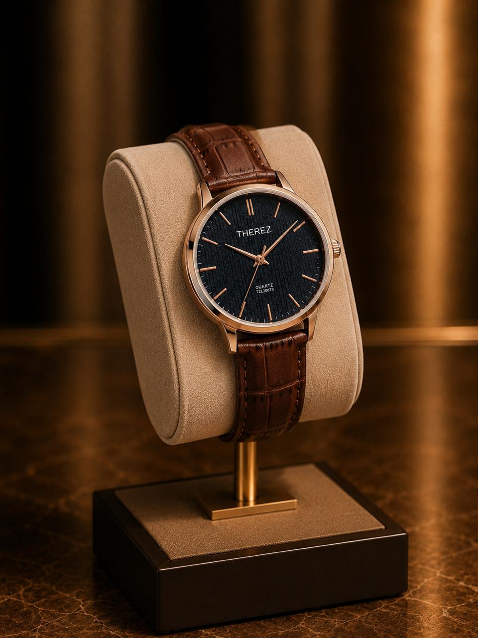 THEREZ Women's Luxury Quartz Watch with Leather Strap – Rose Gold & Black Dial
