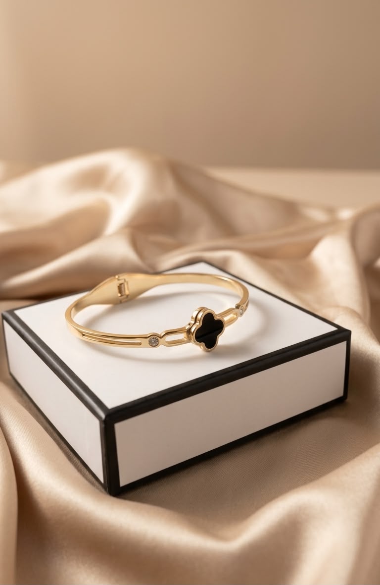 Luxury Gold-Tone Stainless Steel Black Clover Bracelet for Women | Premium Elegant Bangle