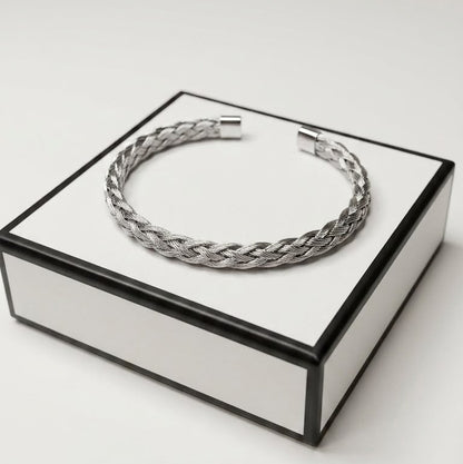 Men's Black & Silver Braided Stainless Steel Bracelet | Premium Magnetic Clasp Wristband
