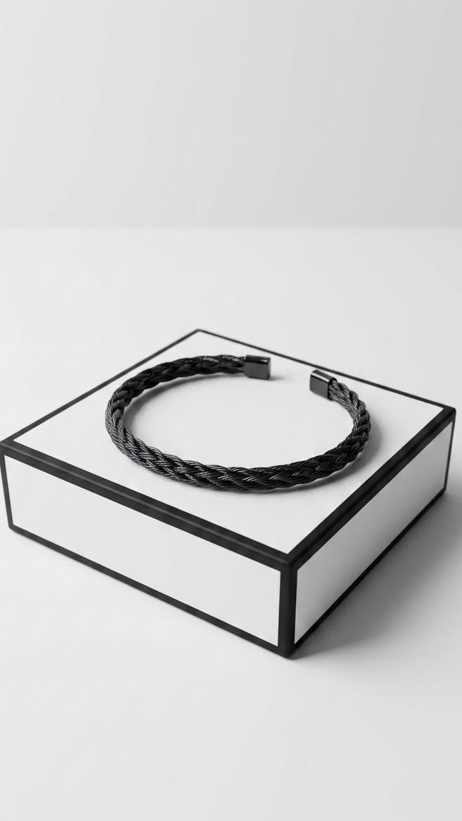 Men's Black & Silver Braided Stainless Steel Bracelet | Premium Magnetic Clasp Wristband