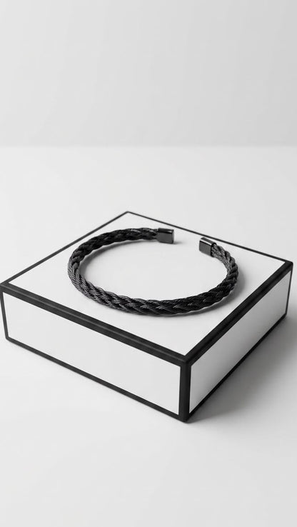 Men's Black & Silver Braided Stainless Steel Bracelet | Premium Magnetic Clasp Wristband