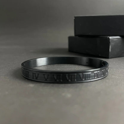 Men's Stainless Steel Roman Numeral Bracelet | Premium Black & Silver Kada