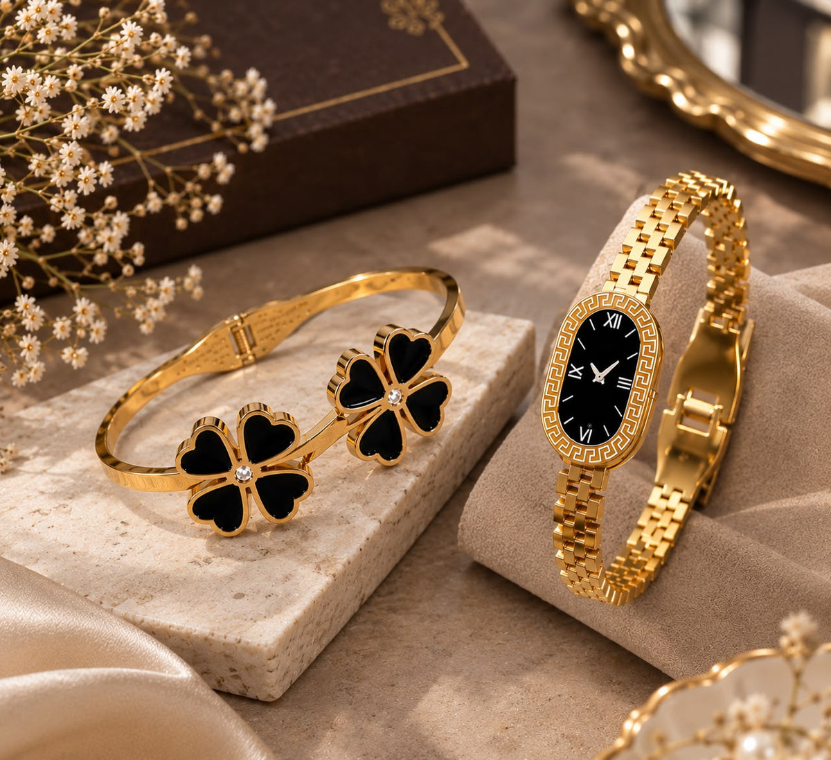 Luxury Gold Watch & Black Clover Bracelet Combo